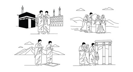 Obraz premium Pilgrims in traditional ihram clothing near the kaaba and holy sites