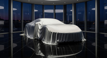 Car under silk cover in modern showroom at night, vehicle presentation and luxury automotive reveal concept with reflective floor and panoramic windows
