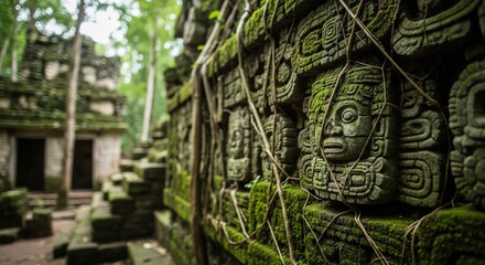 Ancient moss covered stone carvings in jungle temple ruins, overgrown architecture with vines and tropical vegetation, mysterious lost civilization concept