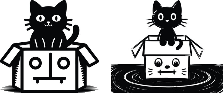 Black cat sitting inside cardboard box vector illustration with black and white background container adorable illustration minimalist silhouette