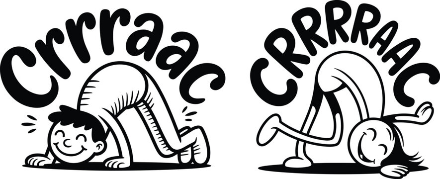 Two cartoon children in a breakdancing pose with sound effects breakdancing children movement illustration energetic childhood gymnastics acrobatic