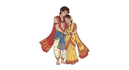 Obraz premium artistic cartoon couple inspired by classical Indian sculpture, seated in an elegant intimate pose, graceful body lines, romantic expression, traditional ornaments, warm earthy tones, tasteful 