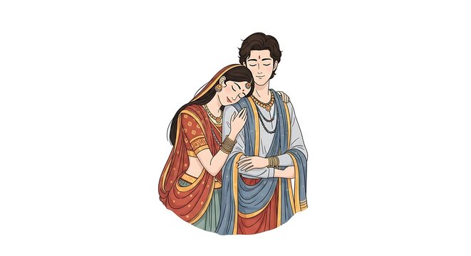 artistic cartoon couple inspired by classical Indian sculpture, seated in an elegant intimate pose, graceful body lines, romantic expression, traditional ornaments, warm earthy tones, tasteful 
