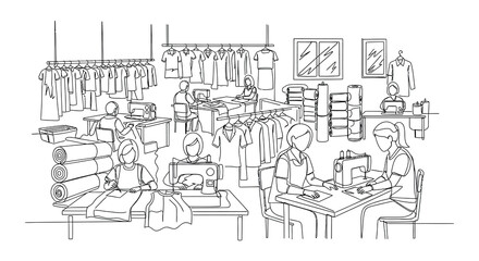 Obraz premium Black and white illustration depicting various people working in a clothing factory