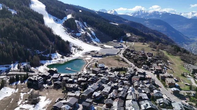 Aerial view of le Praz village in Courchevel ski resort by spring, French alps