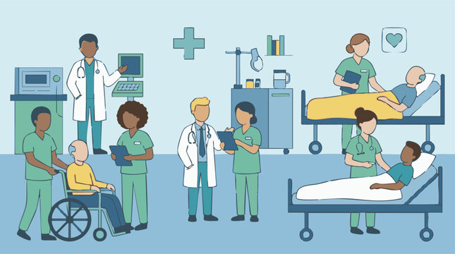 Diverse healthcare professionals providing patient care in a hospital setting