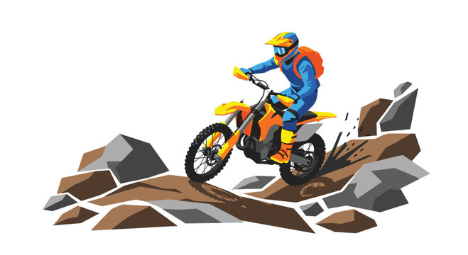 A motocross rider in blue and yellow gear navigating a rocky, uneven dirt terrain with sharp angular stone shapes on a clean and bright white background.