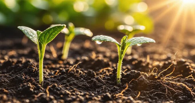 Young green seedlings growing in soil.