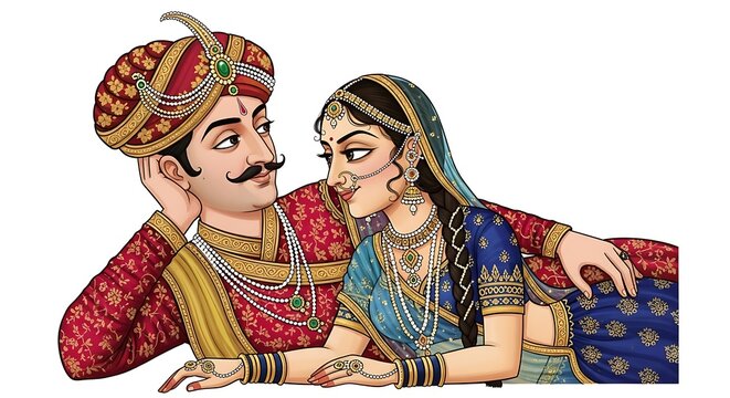 artistic cartoon couple inspired by classical Indian sculpture, seated in an elegant intimate pose, graceful body lines, romantic expression, traditional ornaments, warm earthy tones, tasteful 