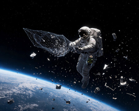 Astronaut Cleaning Space Debris with Laser Net in Earth Orbit, Orbital Waste Management and Space Sustainability Concept, Futuristic Astronaut Holding Small Plant Flower in Outer Space Illustration