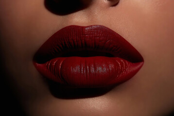 Obraz premium Subject: A close-up of a woman’s lips. Action: She is wearing deep red lipstick. Setting: A dark, textured surface.