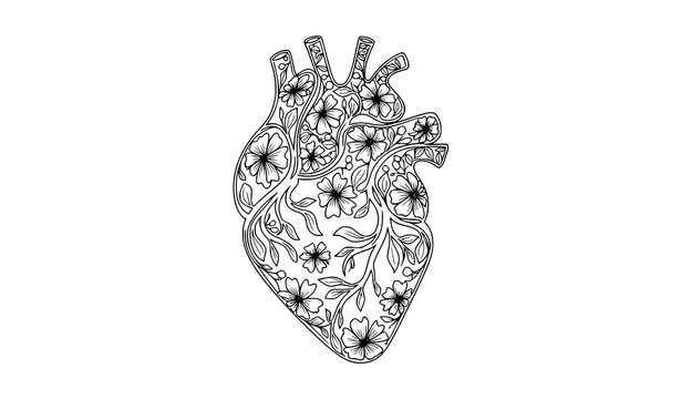 Floral heart contour vector illustration with botanical line art in abstract anatomical inspired minimalist style
