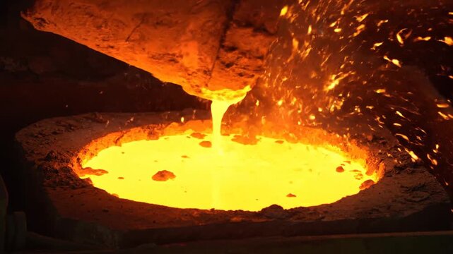 Molten metal pours into a round mold in an industrial setting.