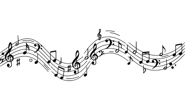 Music Notes Wave Background with Clef Symbols. Musical Staff Line Vector Illustration