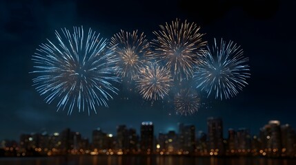 Fototapeta premium A brilliant pyrotechnic display illuminates the dark night sky above a metropolitan city skyline