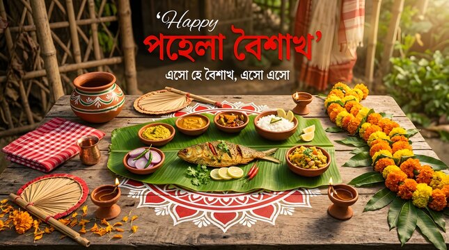 Traditional Bengali new year pohela boishakh feast with hilsa fish and rice.