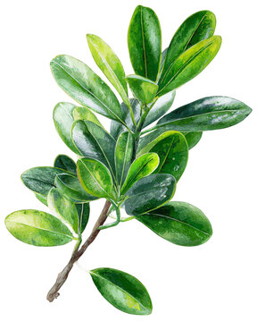 Fresh green carissa macrocarpa leaves branch isolated on transparent background
