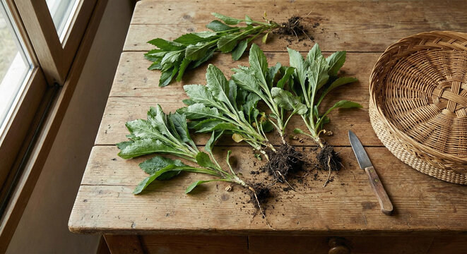 빈티지 나무 식탁 위에 놓인 흙 묻은 신선한 생 취나물과 바구니 Fresh raw chwinamul aster leaves with roots and soil on a rustic wooden table