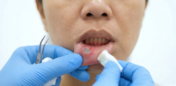 Medical professional cleaning severe mouth ulcer canker sore on patient lower lip with gauze and tweezers for dental clinical treatment