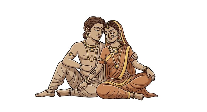 artistic cartoon couple inspired by classical Indian sculpture, seated in an elegant intimate pose, graceful body lines, romantic expression, traditional ornaments, warm earthy tones, tasteful 