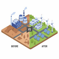 Naklejka premium Industrial Pollution Versus Clean Energy Production Comparison.