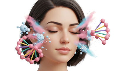 Fototapeta premium Close-up of a serene woman with eyes closed, abstract colorful particles and DNA helix structures exploding around her face, representing science and beauty