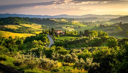Fototapeta premium Scenic Tuscan Landscape - Rolling Hills and Golden Sunlight.