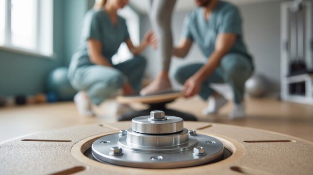 A physical therapist assisting a patient with balance exercises on a specialized equipment in a modern rehabilitation center