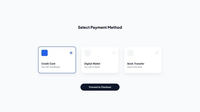 Minimalist User Interface Animation of Payment Method Selection with Credit Card Digital Wallet and Bank Transfer Options for E-commerce Checkout Application