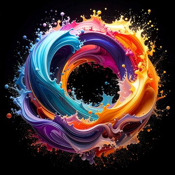 A vibrant ring of paint bursts forth, blending a spectrum of colors against a black backdrop. The swirling liquid forms a captivating shape