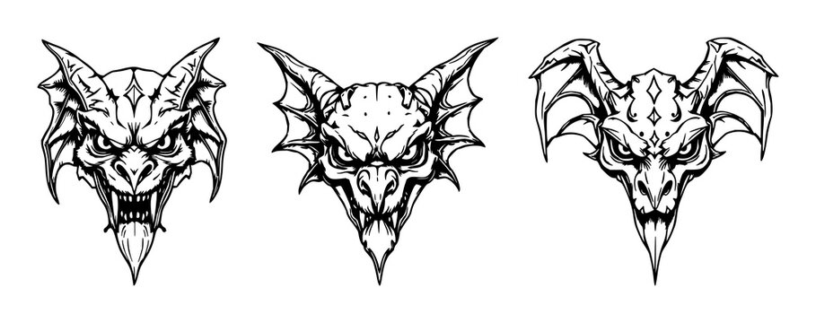 Gothic gargoyle face set with hand-drawn organic detail and sharp stone texture featuring gothic, medieval, fantasy with line illustration and white background