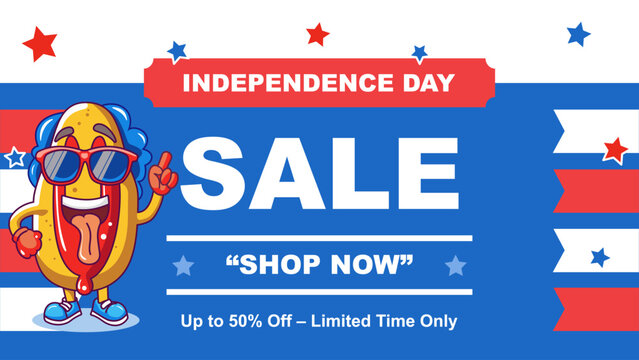 Independence Day sale banner with cute hot dog mascot, patriotic colors, and 50 percent discount. Perfect for 4th of July promotions, retail advertising, and festive marketing campaigns.