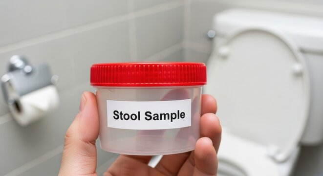 Stool sample medical container held in hand, plastic specimen jar with red lid for laboratory testing, fecal analysis kit in bathroom setting