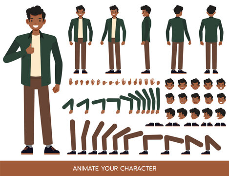 Businessman wear green shirt character constructor. Flat design vector kit with poses and emotions for animation and explainer videos.