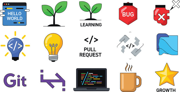 Software Development, Coding, and Learning Icons for Git, Pull Requests, Debugging, and Growth in Digital Media, Websites, and Apps