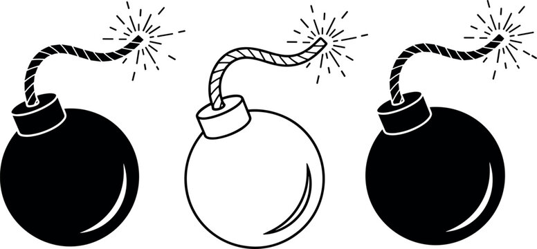 Cartoon bomb icons set with burning fuse in black and white styles representing danger explosion threat concept illustration