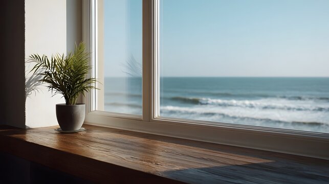 A peaceful indoor scene featuring a lush potted plant on a wooden ill overlooking a vast serene ocean horizon