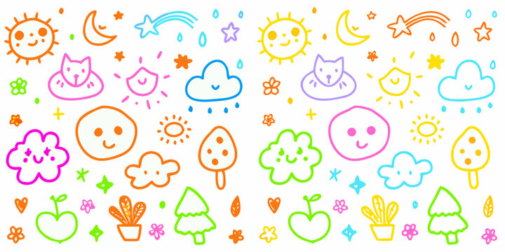 Colorful doodle pattern featuring suns moons clouds and whimsical characters