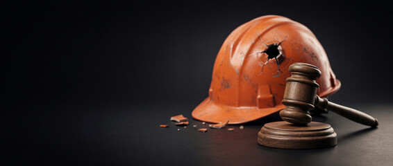Judge gavel with damaged construction hardhat helmet, workplace injury accident, liability for industrial safety violation. Labor law concept