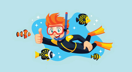 Cartoon Boy Snorkeling Underwater with Tropical Fish Vector. © NFS Studio