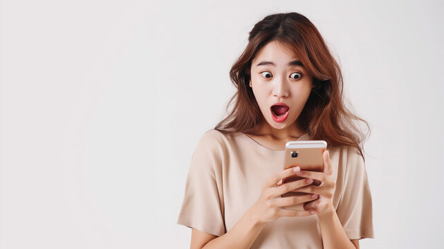 Surprised young Asian woman looking at smartphone with shocked expression on clean background