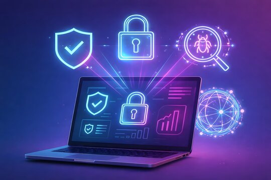 Cybersecurity shield with warning symbol and active protection alerts in blue and pink neon lighting, threat defense concept on laptop.