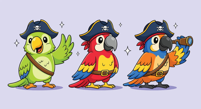 Cute cartoon pirate parrots set with spyglass and waving.