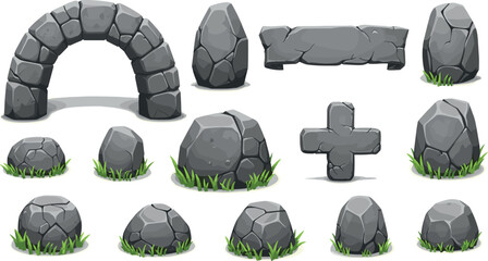 Cartoon stone and rock elements set with grass details including arch boulders and slabs for game environment design © Vector Design Hub