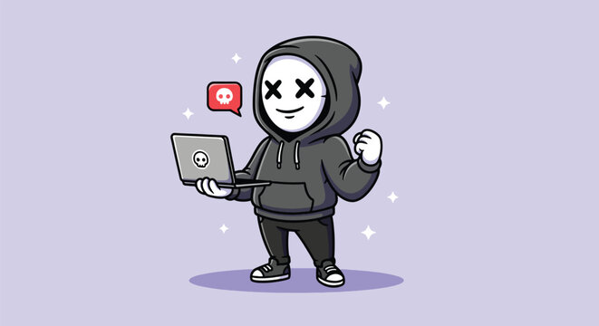 Hacker in hoodie with mask holding laptop and showing fist.