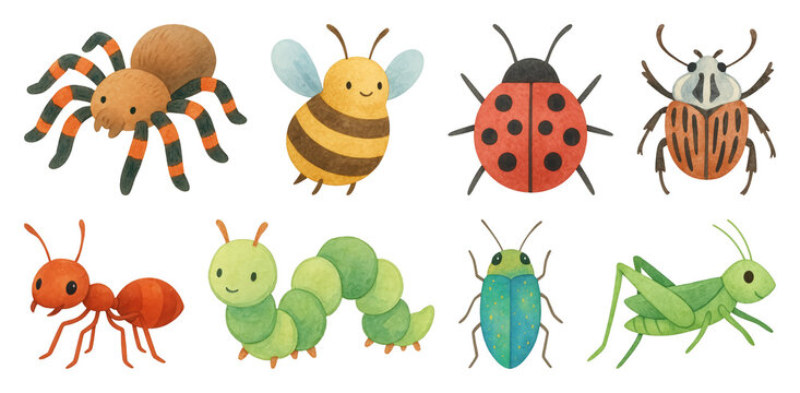 PNG Cute watercolor insect illustrations element set on transparent background