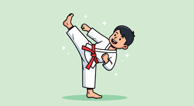 Young boy in karate uniform performing a high kick.