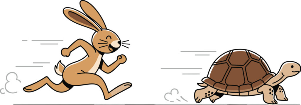 Cartoon Rabbit and Turtle Race Illustration, Featuring Fast and Slow Animals with Motion Lines for Fable and Nature Storytelling