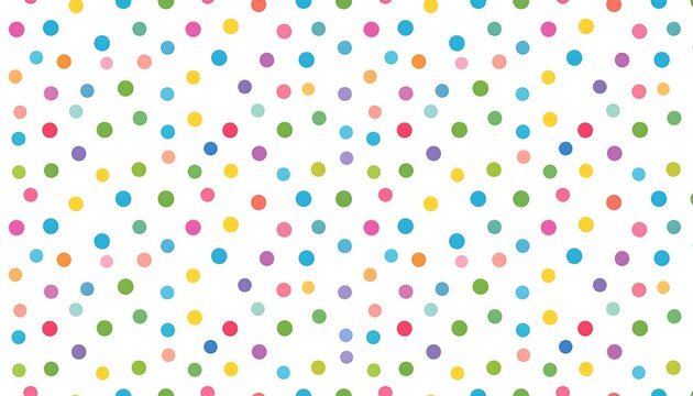 A vibrant, seamless pattern features a white background scattered with random, multicolored, circular shapes of varied sizes