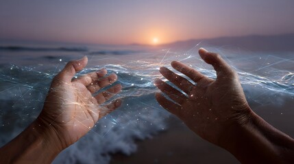 Obraz premium Outstretched hands connected by brilliant digital energy lines over a serene ocean at sunset symbolizing global networking and human potential
